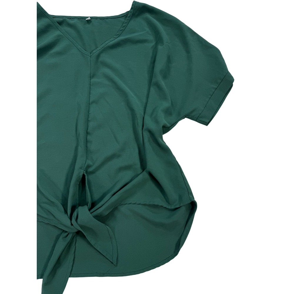V-Neck Tie Front Blouse Womens Large Green Excellent Short Sleeve Top - Picture 2 of 5